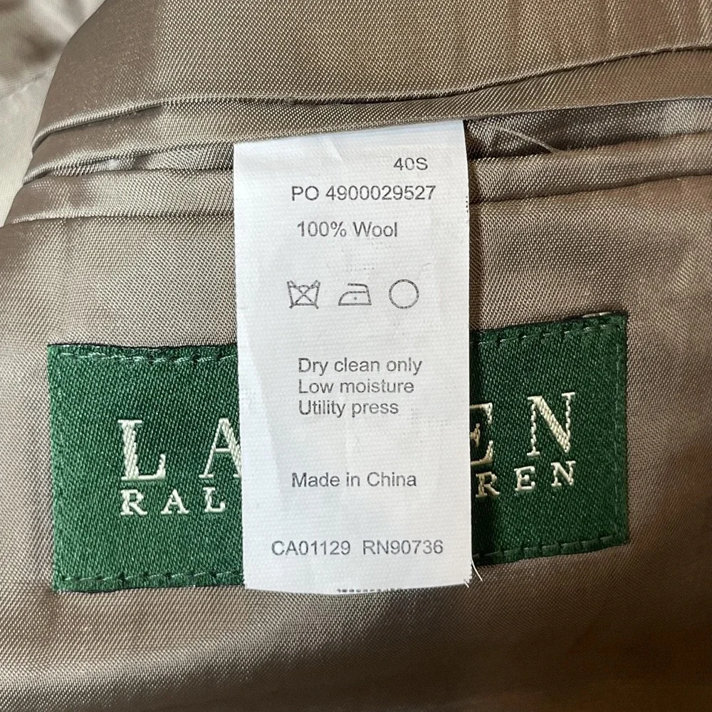 Lauren Ralph Lauren Suit Mens 40S 38x27 Gray 100% Wool 2‎ Button 2 Piece Pleated
